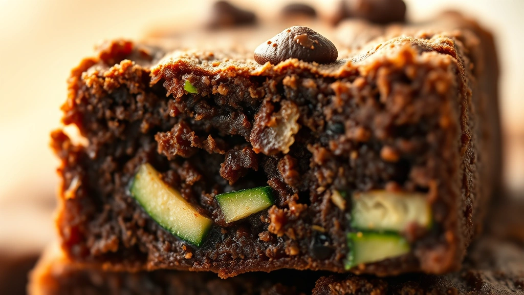 detail: close-up cross-section of single brownie showing fudgy crumb structure and shredded zucchini pieces, warm golden lighting, macro photography style, no text