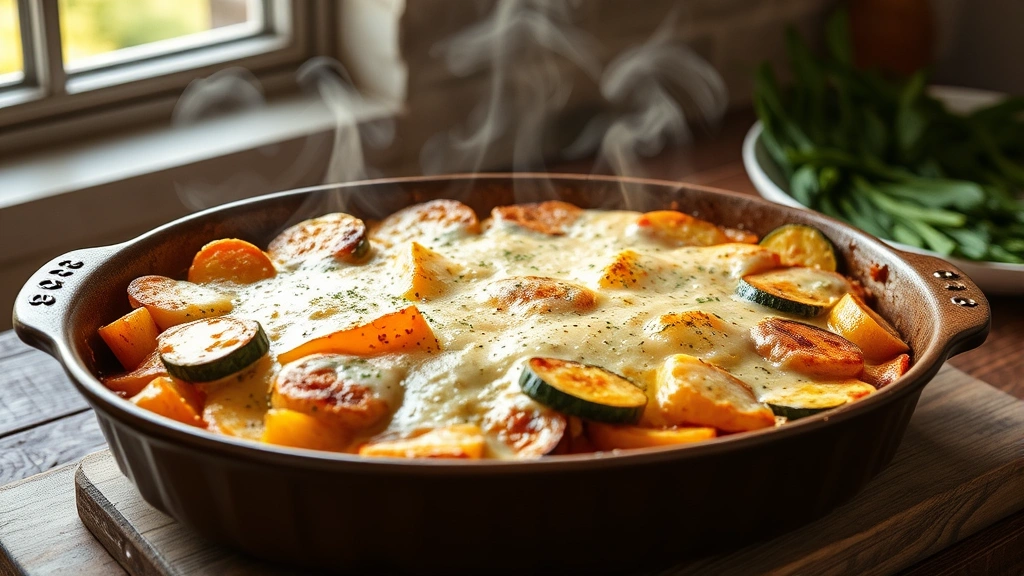 hero: golden zucchini parmesan casserole bubbling in baking dish, melted cheese on top, steam rising, rustic wooden table background, natural window light, food photography style