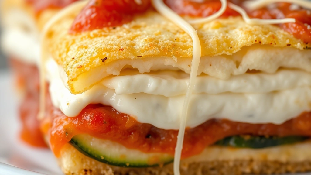 detail: close-up cross-section of zucchini parmesan showing layers of fried zucchini, ricotta cheese, mozzarella, and tomato sauce, melted cheese strings, macro photography