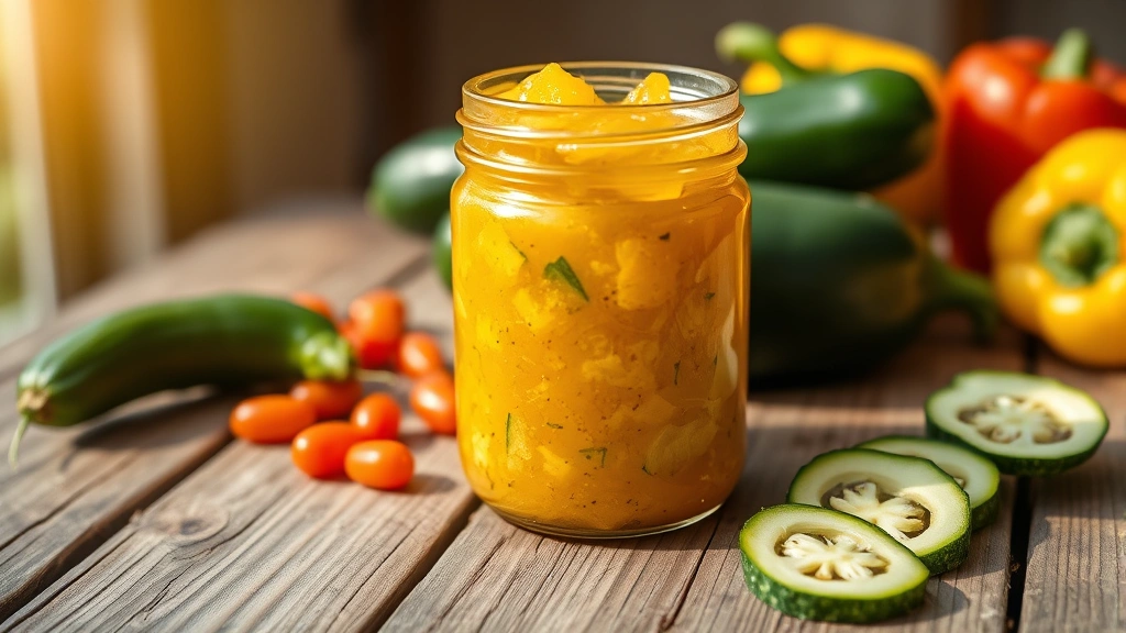 hero: vibrant golden zucchini relish in a clear glass jar on a rustic wooden table with fresh zucchini and bell peppers beside it, natural summer sunlight streaming from the left, no text or labels visible