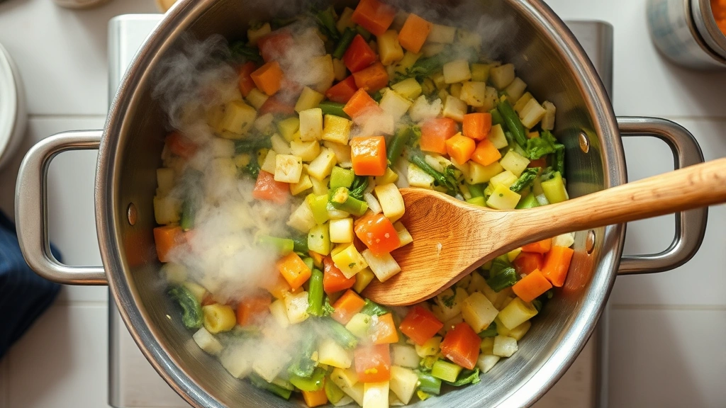 process: overhead shot of vegetables being stirred in a large stainless steel pot with a wooden spoon, steam rising, bright kitchen lighting, no text