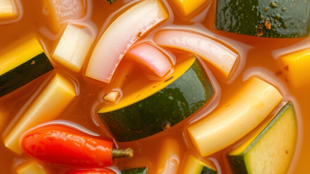 detail: close-up macro shot of the finished relish showing individual pieces of zucchini, onion, and pepper suspended in the golden-amber brine, shot at 45-degree angle with natural light, no text