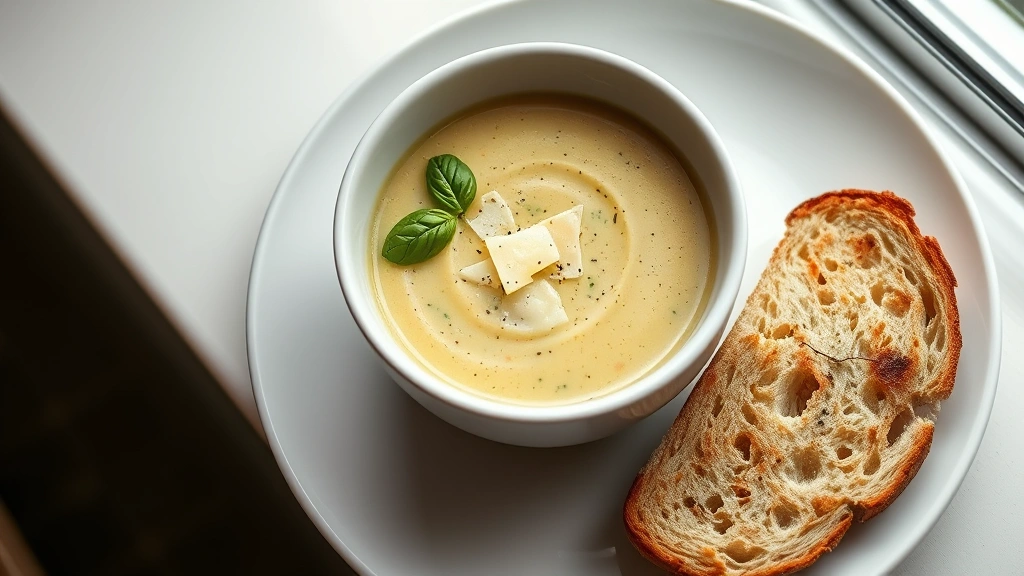 hero: creamy zucchini soup in white bowl, fresh basil garnish, Parmesan cheese, crusty bread on side, overhead shot, natural daylight from window, professional food styling, minimalist plating, no text or watermarks