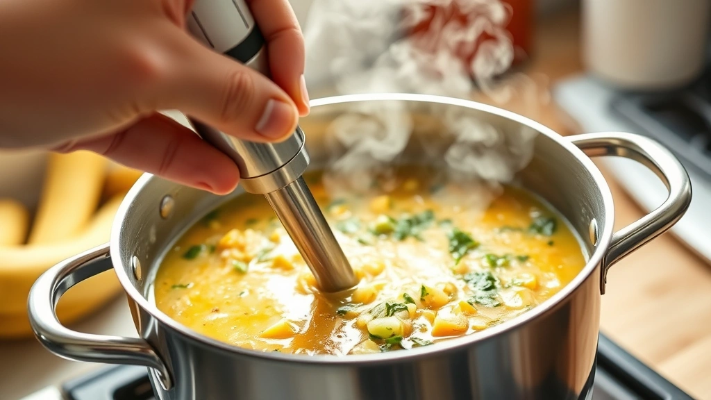 process: hand holding immersion blender in pot of zucchini soup, blending vegetables, steam rising, bright kitchen lighting, close-up action shot, natural light, no text or watermarks