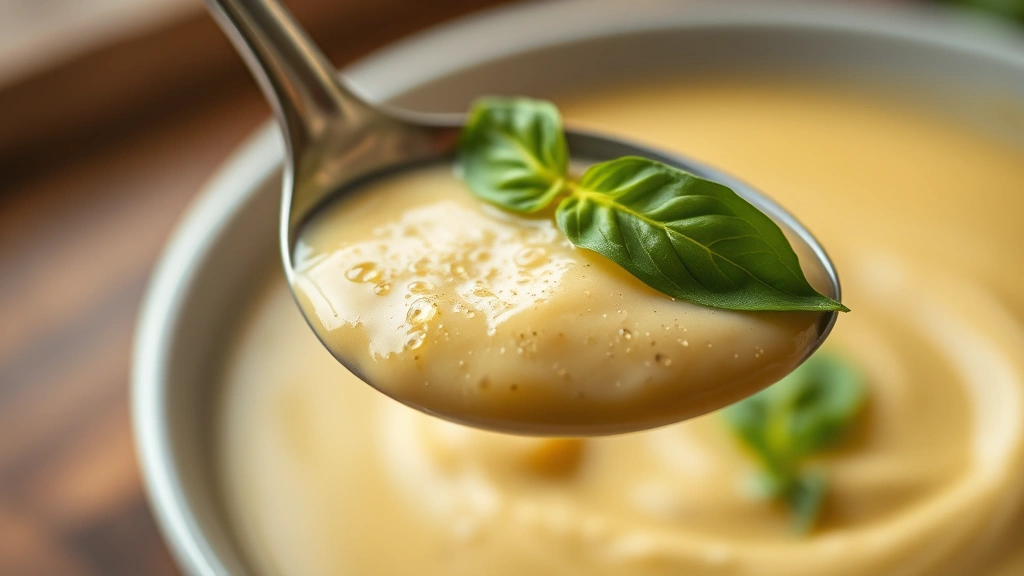 detail: close-up spoonful of creamy zucchini soup with basil leaf, silky smooth texture, droplets, shallow depth of field, macro photography, natural window light, professional food styling, no text or watermarks