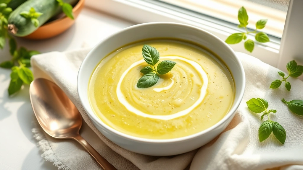hero: creamy bright green zucchini soup in white bowl with fresh basil garnish and linen napkin, natural sunlight from window, flat lay, no text