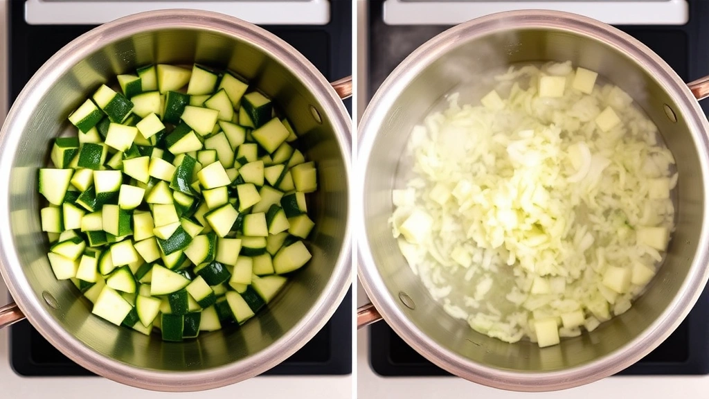 process: diced zucchini and onions cooking in butter in stainless steel pot, steam rising, natural kitchen lighting, no text