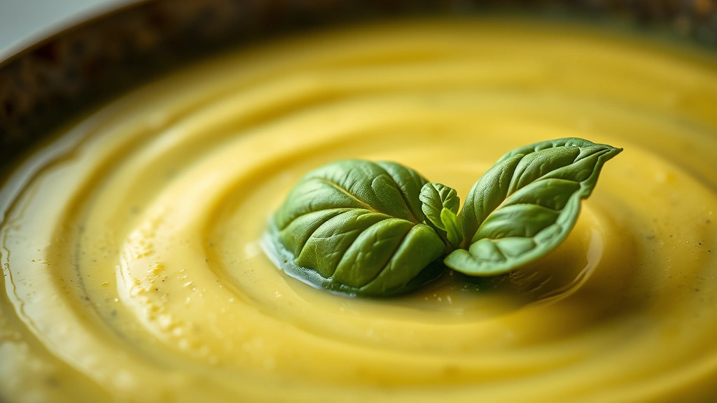 detail: close-up of smooth creamy zucchini soup texture with fresh basil leaf floating, shallow depth of field, natural daylight, no text
